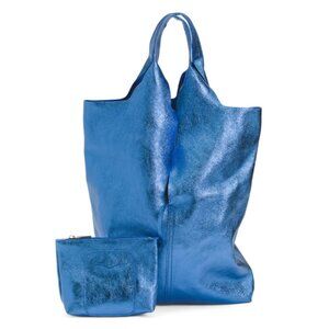 MARLON Blue Made In Italy Leather Row Cut Slouchy Hobo Metallic